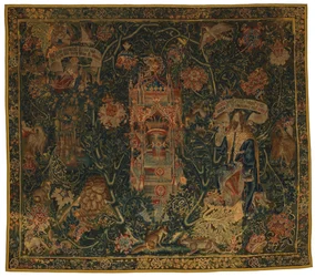 Gobelin, Bóg Ojciec ukazujący się Mojżeszowi (jeden z zestawu sześciu Sybilli obejmujących od 46.134 do 46.139) zwany „Rothamsted Tapestries”, wykonany we Flandrii, Tournei lub Brukseli w Belgii, ok. 1530 r. (wełna)