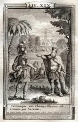 Telemaka będąca na Polach Elizejskich została rozpoznana przez Arcesiusa - rycina z 1798 r. według Monneta w „Les Aventures de Telemaque, fils d