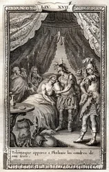 Telemaque opiekuje się ranami Phalante i przynosi mu prochy brata - rycina z 1798 r. według Monneta w „Les Aventures de Telemaque, fils d