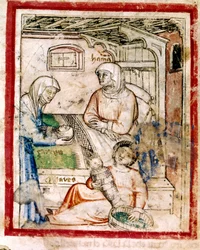 Tamar (Tamar) rodzi dwa bliźniaki, Peretsa i Zeracha, syna Judy, Miniatura z kodeksu 212 (lub kodeksu padovano lub Biblii z Padwy) 1390-1400
