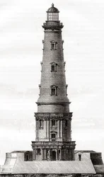 XVII-wieczna latarnia morska w Cordouan, w pobliżu ujścia ujścia Gironde we Francji, widziana tutaj po rozbudowie w XVIII wieku, z Les Merveilles de la Science, wydana ok. 1870 (rycina)
