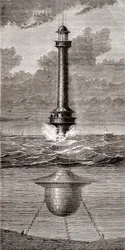 Pływająca latarnia morska z XIX wieku umieszczona przy wejściu do portu w Liverpoolu w Anglii, z „Les Merveilles de la Science”, opublikowana ok. 1870 r. (rycina)