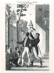 Aktor Clozel jako elegancka z komedii „Les Deux Philibert” Louisa Benoita Picarda (1769-1828), ok. 1930. 1818 (grawerowanie) (zdjęcie czarno-białe)