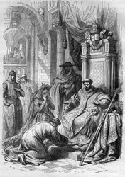 Archeveque Saint Dunstan zmusił króla Anglii Edwy (941-959) do rozwodu. Grawer w „Historii prostytucji i rozpusty wśród wszystkich narodów świata od starożytności do dnia dzisiejszego” autorstwa dr Th. -F. Debray. 1879.