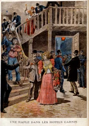 Aresztowanie prostytutek w paryskich hotelach (pensjonat) - Obława na hotele wypełnione - w „Le Petit Journal” z 08.04.1895 (rycina)