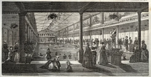 Łaźnie w hotelu Lambert, Ile Saint-Louis, Paryż, połowa XIX wieku - Hotel Lambert, Ile Saint-Louis, szkoła pływania dla pań - Bain Lambert - - Grawerowanie w „Tableau-de-Paris” autorstwa Edmonda Texiera 1852