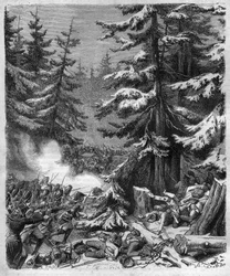 Bitwa pod Hohenlinden (niedaleko Monachium, Niemcy) 12 Frimaire, IX (3 grudnia 1800) pomiędzy francuskimi oddziałami generała Jean Victor (Jean-Victor) Moreau a siłami austriackimi i bawarskimi dowodzonymi przez arcyksięcia Jean-Baptiste (Jean-Baptiste ) A