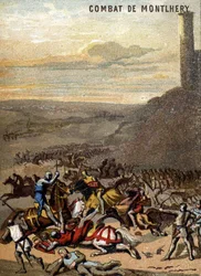 Bitwa pod Montlhery (1227): Królestwa i feodalit - Blanche de Castille, regentka jego syna Ludwika IX, matują bunt wielkiego feudalnego. Chromolitografia z cyklu „Wychowanie patriotyczne przez obraz”.