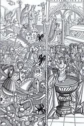 Bitwa pod Tolbiakiem i Chrzest króla Chlodwiga z „Mirouer Historial de France”, wydanej w 1516 r.