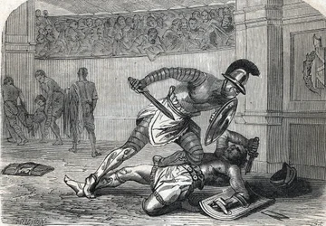 Bitwa gladiatorów na arenie (rycina) 1864