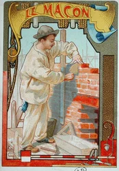 Murarz, ilustracja z książki o rzemiosłach. ok. 1899