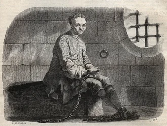 Brygand Louis Dominique Garthausen dit Cartridge (1693-1721) en więzienie - Grawerowanie w „Przyczyny celebres de tous les peuple” Armanda Fouquiera (1817-18?) 1858-1867 - kolekcja prywatna