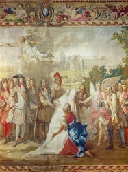 Budowa Les Invalides w 1670 r., centralny szczegół z Historii króla, według Adama Fransa Van der Meulena (1632-90) i Charlesa Le Bruna (1619-90) Warsztat gobelinów