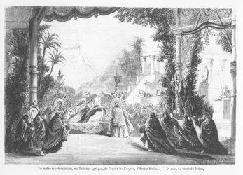 Śmierć Dydony, prawykonanie Les Troyens Hectora Berlioza (1803-69) w Theatre Lyrique w Paryżu, z Le Monde Illustre, 14 listopada 1863