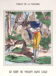 Jeleń widzący się w wodzie, z „Fables de La Fontaine” (kolorowy grawerunek)