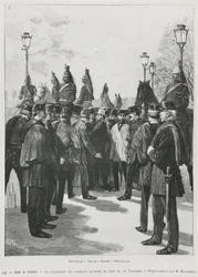 Delegacja Związków Zawodowych w Pont de la Concorde podczas demonstracji na 1 maja w Paryżu, 1 maja 1890, rycina L. Moulignie, ryt)
