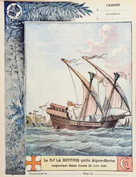 Wylot św. Ludwika na jego statku Montjoie z Aigues-Mortes w dniu 25 sierpnia 1248 r., ilustracja na okładce szkolnego zeszytu ćwiczeń, ok. 1900 r.