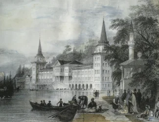Pałac Dolmabahce nad Bosforem, 1840 (kolor grawerowany)