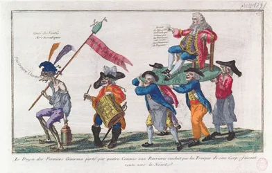 Doyen z Fermiers Generaux jest niesiony przez swoich strażników w kierunku Nicości, 1791 (akwatinta ręcznie kolorowana)