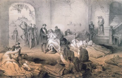 Cesarz Napoleon III odwiedzający rannych żołnierzy po bitwie pod Solferino, 24 czerwca 1859 r.