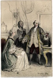 Angielski komik David Garrick (1717-1779), przebrany za trenera, wdarł się do księżnej chętnej, by spróbować ją wytłumaczyć i przekonać ją o absurdzie jej miłości do niego. ”” grawerowanie w dwóch sh