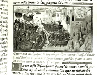 Pierwszy atak na Tyr, z Histoire du Grand Alexandre 1460