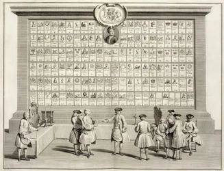 Wolnomularze ze znakami różnych lóż, z Ceremonii religii i obyczaju, ok. 1733