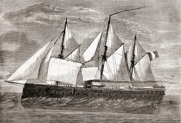 Francuski pancernik Gloire „Glory”, pierwszy oceaniczny pancernik, wystrzelony w 1859 r. z Les Merveilles de la Science, opublikowany ok. 1870 r. (rycina)