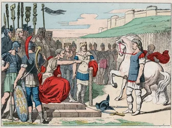 Galijski wódz Wercyngetoryks (80-46 p.n.e.) udaje się do Juliusza Cezara (100-44 p.n.e.) pod Alezją w 52 p.n.e. - Wercyngetoryks (72-46 p.n.e.), galijski wódz, poddaje się Cezarowi pod Alezją (Francja) - Rycina z końca XIX wieku w dziele „Nasza chwała