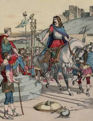 Galijski wódz Wercyngetoryks (72-46 p.n.e.) poddaje się rzymskiemu wodzowi Juliuszowi Cezarowi (100-44 p.n.e.) po bitwie pod Alezją w 52 p.n.e.