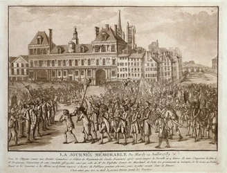 Szefowie Launay i Flesselles na promenadzie przed hotelem de Ville, 14 lipca 1789