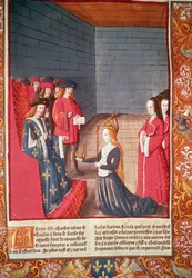 Święta Cesarzowa Rzymska Richilde z Prowansji w Compiegne wręczająca Ludwikowi Jąkającemu koronę i berło, które należały do jego ojca Karola II „Łysego”, z „Chroniques de France”, wydrukowane przez A. Verarda