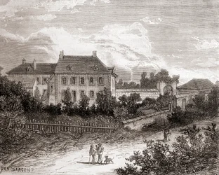 Dom w Gras, niedaleko Chalon-sur-Saône, Francja, gdzie francuski wynalazca Nicéphore Niépce opracował heliografię, z Les Merveilles de la Science, opublikowanego ok. 1870 r. (rycina)