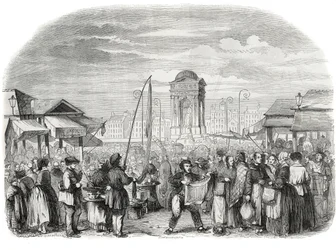 Niewinni marsz w Paryżu z fontanną - Grawerowanie w „Tableau-de-Paris” Edmonda Texiera 1852
