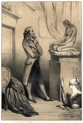 Włoski rzeźbiarz Antonio Canova (1757 - 1822) przed kulturą „Madeleine penitente”. Talerz zaczerpnięty z graweru „”Sceny de la vie des hommes słynne””” w dwóch odcieniach autorstwa Valerio. 1843.