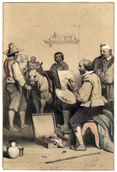 Włoski malarz Antonio Allegri (znany jako Correggio lub Le Correge 1489-1534), aprobuje, tworzy znak karczmy, aby zapłacić za posiłek Talerz zaczerpnięty z „”Sceny z życia sławnych ludzi”” grawer w dwóch kolorach przez Valerio. 1843.