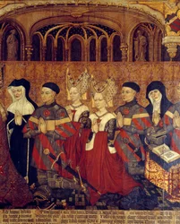 Rodzina Jouvenelów Ursinów. Fragment kobiet dzieci Jana Juvenala i prałatów. Malarstwo na drewnie Szkoły Francuskiej. 1443-1449. Słońce 1,3x3,5 m Paryż, Narodowe Muzeum Średniowiecza, Thermes de Cluny