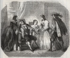 Król Francji Ludwik XIII (1601-1643) zapada na migrenę, gdy rozmawia z królową Anną Austrii (1601-1666). Grawer z 1871 r. w „Histoire Des Cocus Celebres” Henry