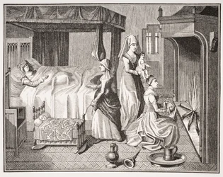 Nowo narodzone dziecko, po miniaturze z XV wieku w „Histoire de la Belle Helaine”, z „Le Moyen Age et La Renaissance” Paula Lacroix (1806–84) opublikowanej w 1847 r.