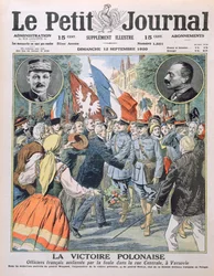 Zwycięstwo Polskie, francuscy oficerowie okrzyknięci tłumem na ulicy Centralnej w Warszawie, ilustracja na okładce Le Petit Journal, 12.09.1920