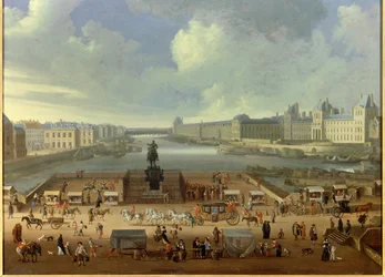 Pont Neuf widziany od wejścia na Place Dauphine, Quai Malaquais, Kolegium Czterech Narodów, Wielka Galeria i Luwr. Obraz anonimowy
