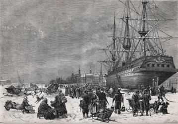 Pruski statek „Teutonia” w porcie Hamburg w Niemczech. Francuscy żołnierze byli przetrzymywani w niewoli podczas wojny w 1870 r. Grawer „”Le Monde Illustré”” nr 743 z 8 lipca 1871 r.