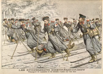 Czerwony Krzyż przewożący rannych Rosjan na nartach podczas wojny rosyjsko-japońskiej (1904-05) z Le Petit Journal, ok. 1904