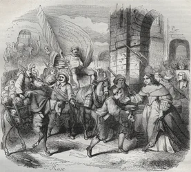 Powrót Gonesse, odcinek Frondy: „Pani Paryża” wita „Pani z Aubervilliers” i „Nourisier Gonesse”, które przybyły, by ją zaopatrzyć. Grawer frondeuse 1649 - grawer w „Paris a travers les siecles” H. Gourdona de Genouillac