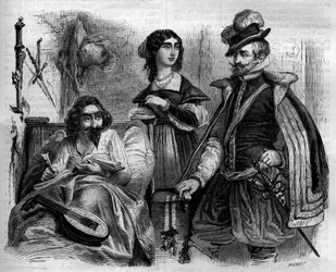Hiszpański pisarz Miguel de Cervantes Saavedra (1547-1616) w domu w 1614 otacza swoją żonę i hrabiego Lemos. Grawerowanie z 1852 roku.