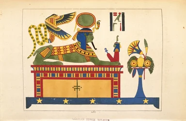 Sfinks, ilustracja z egipskiego Panteonu: zbiór mitologicznych postaci ze starożytnego Egiptu autorstwa Jean-Francois Champollion, opublikowany ok. 1986 r.