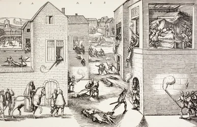 Masakra w dniu św. Bartłomieja, sierpień 1572 r., z książki „Życie wojskowe i religijne w średniowieczu” Paula Lacroix, opublikowana w Londynie ok. 1880 r.
