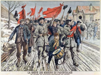 Strajk górników w Pas-de-Calais, pochód strajkujących w wiosce górniczej, z Le Petit Journal, 1 kwietnia 1906