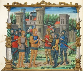 Traktat Conflans (pokój Conflans) między Ludwikiem XI a księciem Burgundii, miniatura z Memoires Philippe de Commines, rękopis folio 32 verso, Francja XVI wiek.