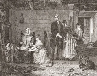 Wikariusz Wakefield godzący swoją żonę z Olivią, według obrazu Gilberta Stuarta Newtona. Z Histoire des Peintres, École Anglaise, opublikowane 1867 (litografia)
